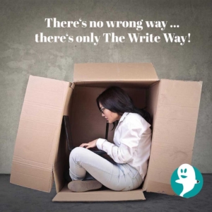 girl sitting in box and writing